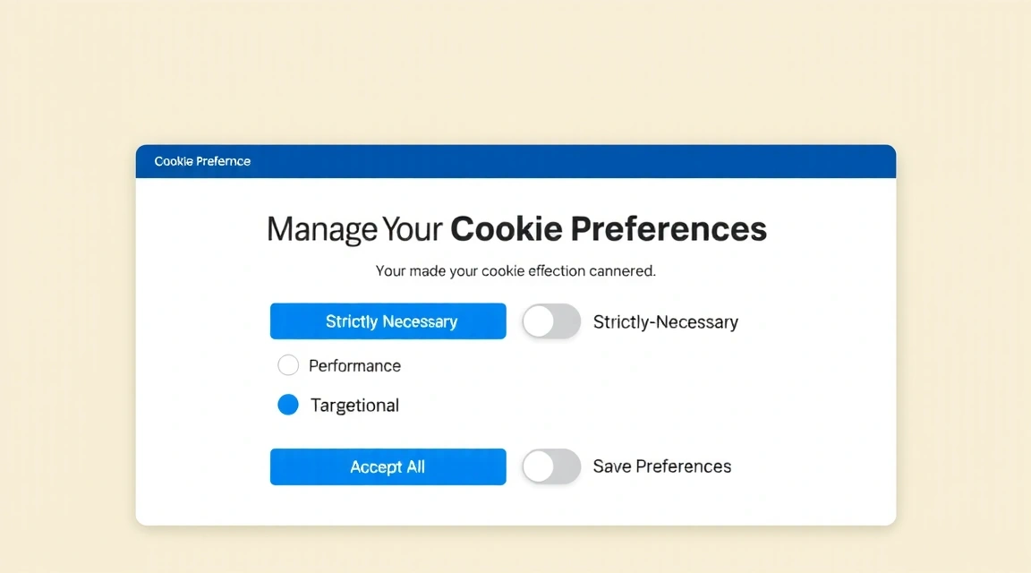 A screenshot-like illustration of a cookie consent banner or preference center with toggle switches for different cookie categories.