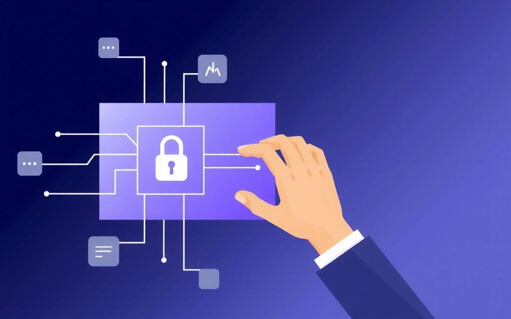 Illustration of a person interacting with a secure digital interface, showing data flow and privacy symbols